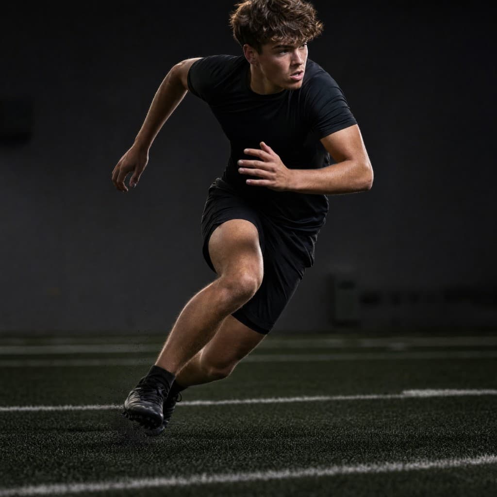 Athlete cutting hard through a speed and agility drill