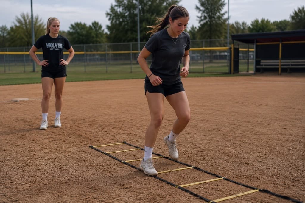 Softball athletes training footwork on an agility ladder